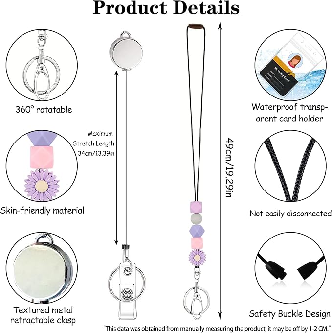 Colorful ID Badge Holder with Silicone Beads Lanyard Set,Cute Teacher Breakaway Lanyard for Keys & Keychain with Cute Retractable Badge Reel Holder,Gift for Women,Nurse, Teacher. (Purple Daisy 1)