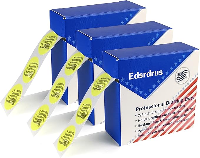 3 Pack Drafting Dots 7/8” Diameter, Low Tack, Easy Removal, Pre-Cut Drafting Tape Dots for Tracing, Drawing, Positioning, Roll of 500 Dots Per Box (Green)