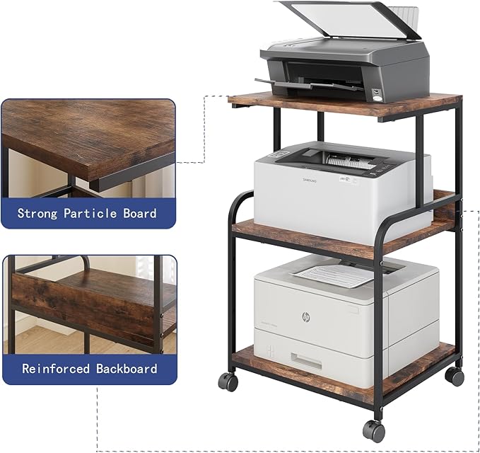 3 Tier Rolling Printer Cart with Wheels, Rustic Brown, Adjustable, Compatible with Printers, Fax Machines, Home Office, Kitchen, Living Room, Bedroom Storage Shelves