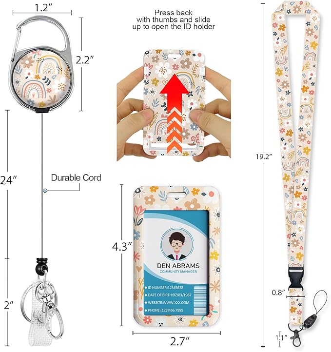 Lanyards for Id Badges, Boho Flowers Rainbows Badge Holder with Retractable Reel Belt Clip, Cute Work Name Tag Lanyard Vertical ID Card Protector Case for Women Nurse Doctor Teacher Student