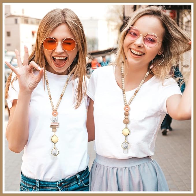 Teacher Lanyard with Id Holder, Retractable Lanyards for Id Badges Keys, Cute Natural Wooden Beaded Lanyard for Women