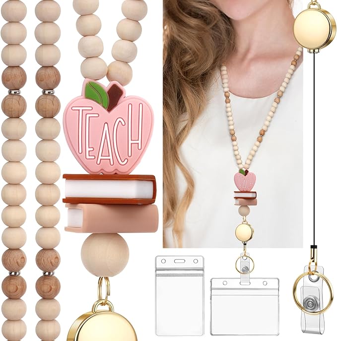 Teacher Lanyard with Id Holder, Retractable Lanyards for Id Badges Keys, Cute Natural Wooden Beaded Lanyard for Women