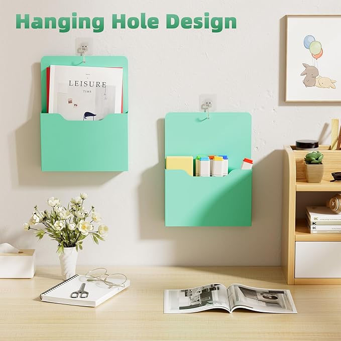 2 Pack Magnetic File Holder - Paper Holder, Pocket Organizer,Hanging Wall File Organizer Office Supplies Storage, Magazine Mail Organizer Case for Notebooks,Planners,Letter (Green)