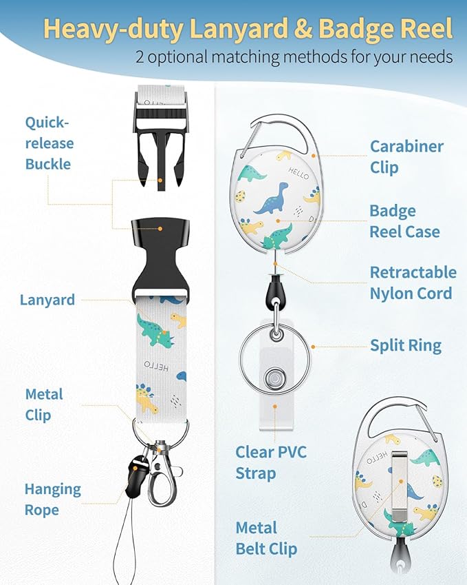Uniclife Fashionable Sliding Badge Holder Cartoon Dinosaur Plastic Case with Retractable Badge Reel Carabiner Clip & Detachable Lanyard Strap Vertical Card Protector for Women Nurse Teacher Student