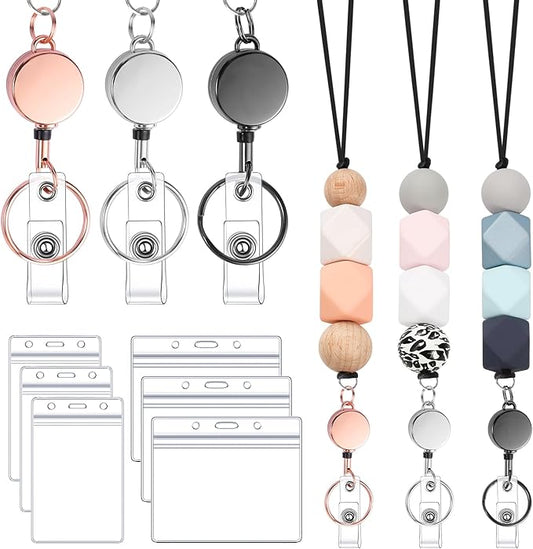 9 in 3 Set Retractable Lanyard for ID Badges, Teacher Lanyard with Badge Holders Beaded Cute Lanyards for ID Badges and Keys Teacher Appreciation Gifts Office Gift for Coworkers