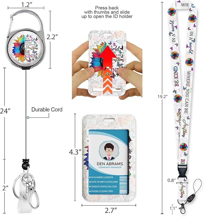 Lanyards for Id Badges, Positive Inspiration Be Kind Sunflower Badge Holder with Retractable Reel Clip, Work Name Tag Keychain Lanyard Vertical ID Card Protector for Women Nurse Doctor Teacher