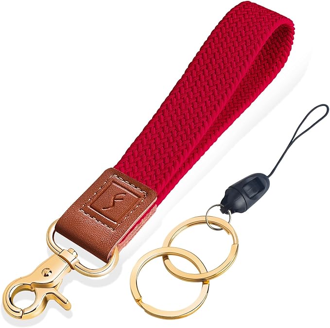 Fishent Stretchy Wristlet Keychain,Braided Cute Wrist Lanyards for Keys, Key Chain Holder for Women Men, Wrist Strap Keychain for Car Keys Phone Camera Wallet ID Badges Card (Red)