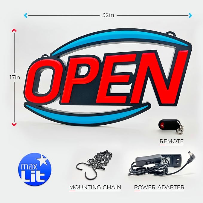 32'' X 17'' New Jumbo ULTRA BRIGHT LED Open Sign — Remote Controlled — Dynamic Light Modes — Enhance Your Business Presence [Red/Blue]