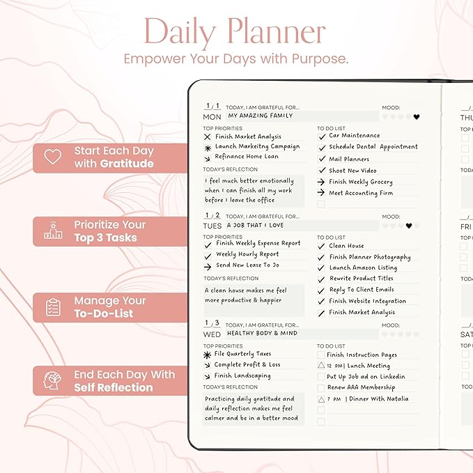2025 Planner, Daily Journal & Gratitude Journal All-In-One with To Do List, Self Care Prompts & Habit Tracker - 5.8 x 8.3 - Pink