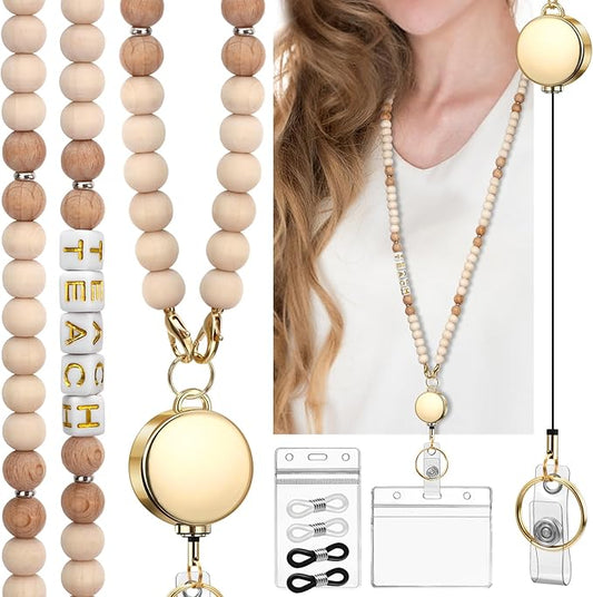 Teacher Lanyard with Id Holder, Cute Lanyards for Id Badges Keys, Retractable Natural Wooden Beaded Lanyard for Women, Gold Teach