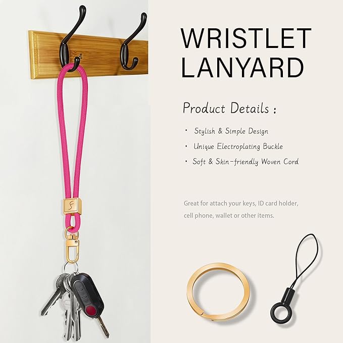 Fishent Keychain Wristlet lanyard, Cute Key Chain Holder, Upgraded Woven Wrist Lanyard for Keys, Wristlet Strap Keychain for Women Men Car Keys ID Badges Card Wallet Phone (Pink)