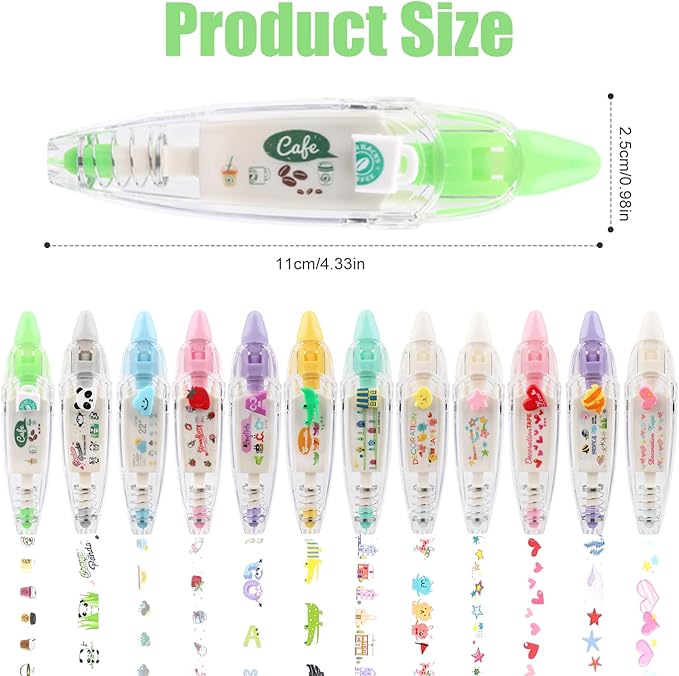 12pcs Decorative Tape Pen, Cute Animals Press Type Decorative Pen Tape Roller Pen DIY Creative Cartoon Correction Tape for Boy Girls Gift Teacher Class Rewards (12 Themes)