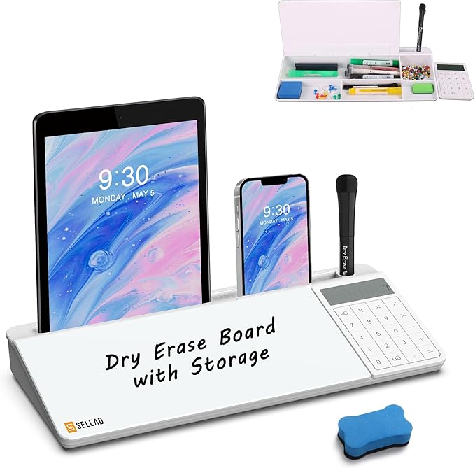 SELEAD Desktop Glass Whiteboard with Calculator, Organizer, Markers, Eraser, Holder - Small Dry Erase White Board Computer Pad Keyboard Stand for Home, School, Office Desk Cubicle Accessories