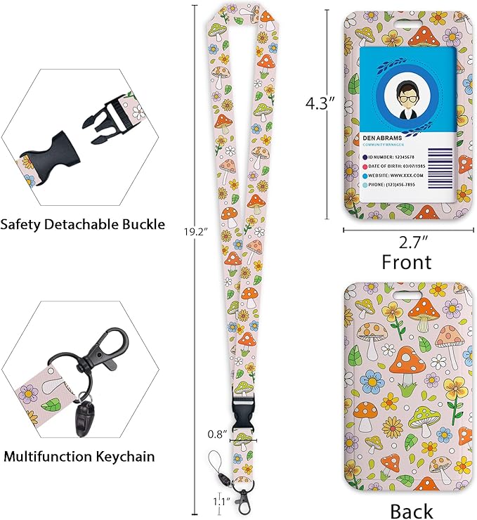 Giancomics Lanyards for Id Badges, Mushroom ID Badge Holder with Lanyard Badge Reel Retractable, Cute Lanyard with ID Holder Keychain Clip Name Tag Cute ID Card Holder for Teacher Women Work Office