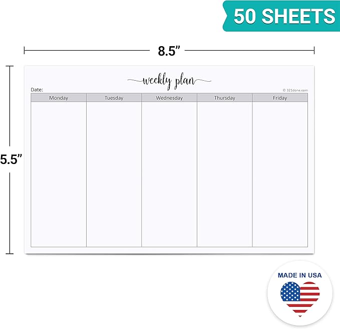 321Done Weekday Planning Notepad (8.5" x 5.5") Small 50 Sheets for Work Week – Monday through Friday M-F Planner Weekly Days of Week Paper Memo Note Pad, Planner Organizing - Made in USA - Simple