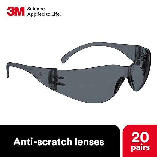 3M Safety Glasses, Virtua, 20 Pair, ANSI Z87, Unisex, Gray Hard Coat Lens, Gray Frame, Affordable Eye Protection, Lightweight, Wraparound Coverage, UVA, UVB, UVC