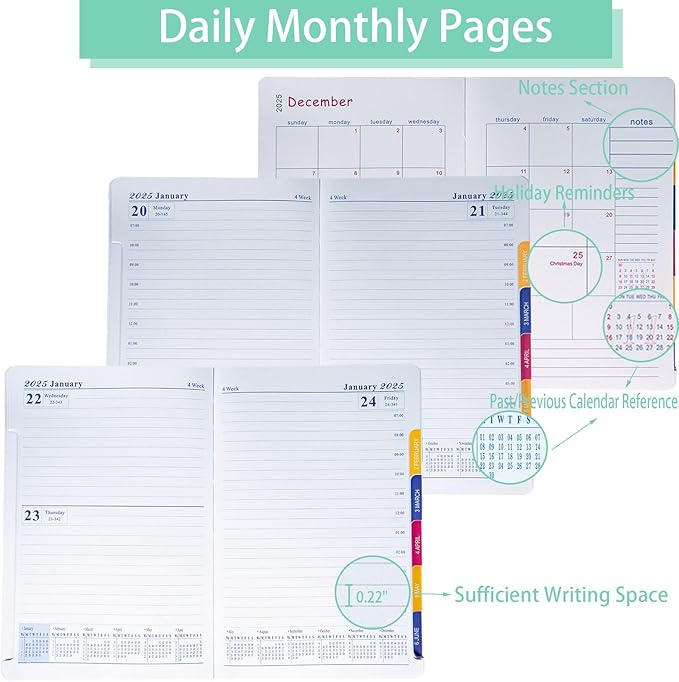 2025 Daily Monthly Planner - Calendar, January - December 2025, 100GSM Thick Paper, Leather Cover, Planner with Hourly Schedule,6.1" x 8.2", Daily Inside Page - Monthly Inside Page, Pen Holder, Bookmarks (lake green)