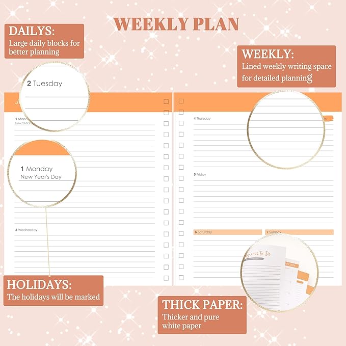 2025 Hardcover Planner Weekly and Monthly, Dec 2024–Dec 2025, Large Spiral Bound Planners 2025 for Women Gifts, 8.3" x 9.3",13 Month Calendar with 13 Tabs, 3 Sticker Sheets, Pink