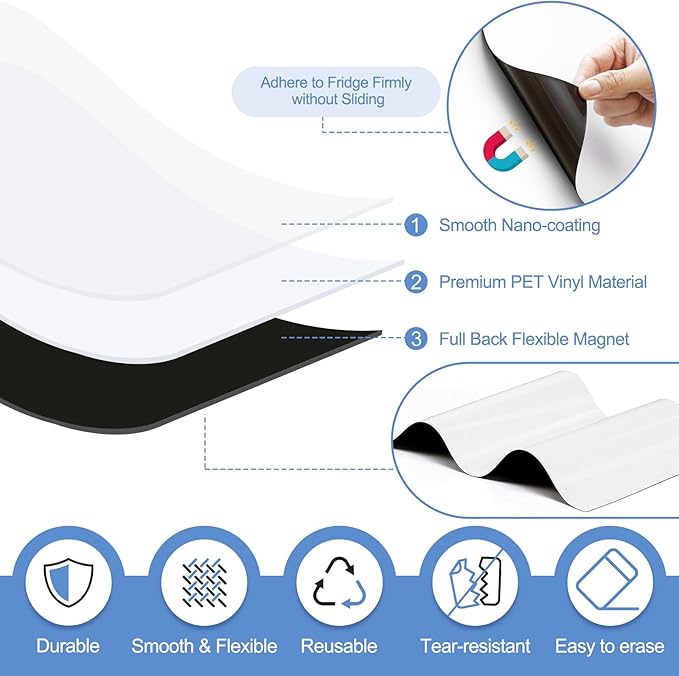 2 Pack Magnetic Dry Erase Board Sheet for Fridge, 12"x8" Erasable Refrigerator WhiteBoard w/ 4 Markers & 1 Eraser- Smooth and Flexible Small Magnet Blank Notepad for Home Kitchen Organizer and Planner