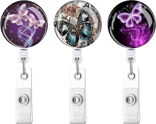 Retractable ID Badge Holder,Nurse Badge Reels with Clip,Name Card Holders for Office Worker Doctor Nurse（3 Pack Butterfly ）