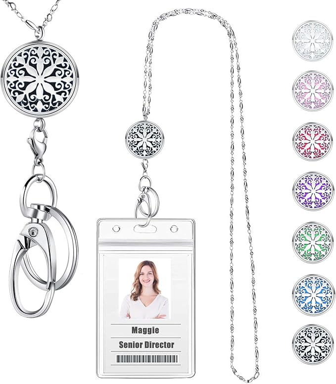 Lanyards for ID Badges Keys Women Cute Teacher Lanyard ID Holder Necklace Silver Chain Fashion Strong Keychain Diffuser Office School Work Jewelry Nurse Teacher Appreciation Gifts Mandala