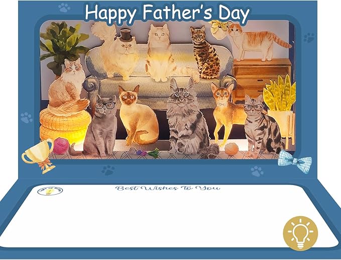 4D Pop Up Fathers Day Card with lights, Cat Father's Day Card For DAD, Living Room, Cat Themed (Cat Father's Day Card)