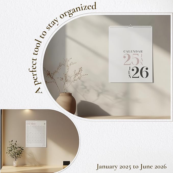 Makaplan Beige & Gray vertical Coil Wall Calendar 2025-18 Month Calendar January 2025 to June 2026, 11x13.5 Inches Sleek Modern Design with Spiral Twin-Wire Binding