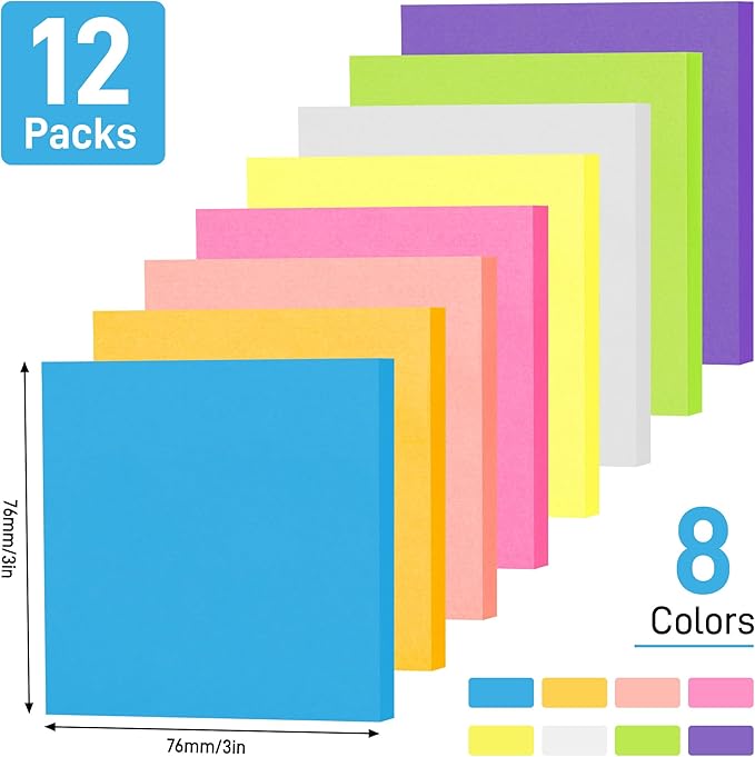 12 Pack Sticky Notes 3x3 Inches, 8 Bright Colors Self-Stick Notes, Strong Adhesive Sticky Memo Pads forHome Office School, 100 Sheets/Pad