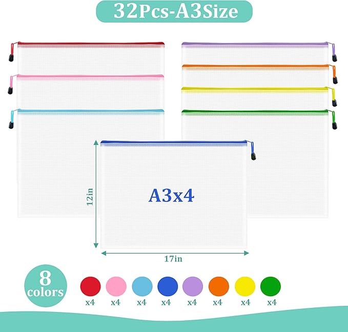 32pcs Mesh Zipper Pouch Bags, A3 Zipper Pouch, Mesh Bags With Zipper, Plastic Zipper Pouches, 8 Colors Zipper Pouches for Organizing, Board Game Storage, Travel, School Office organize