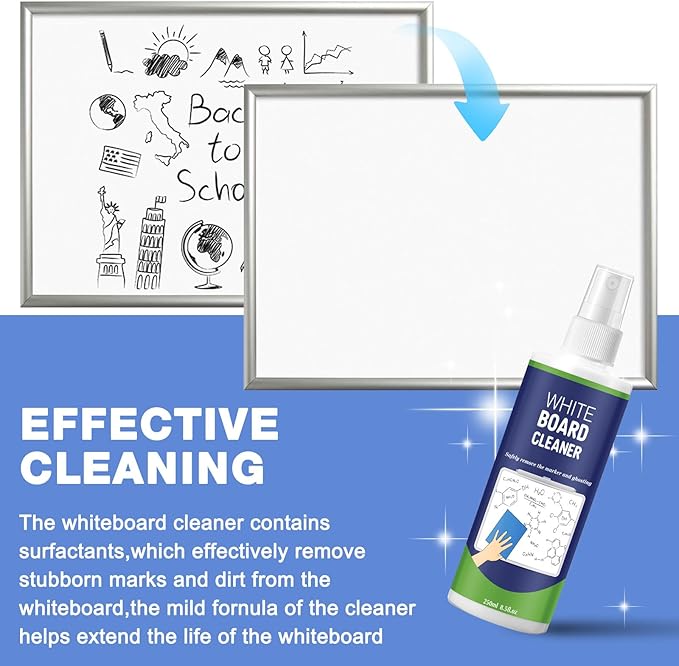 6 Pack Whiteboard Cleaner Spray 8.5oz - Dry Erase Board Cleaner with 4 Cloths - Non Toxic - Removes Stubborn Marks