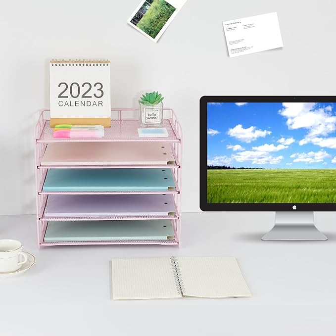 5 Tier Mesh Paper Letter Tray Organizer, Desktop Mail Sorter Office Supplies Organizer for Desk, Desk Organizers and Accessories (Pink)