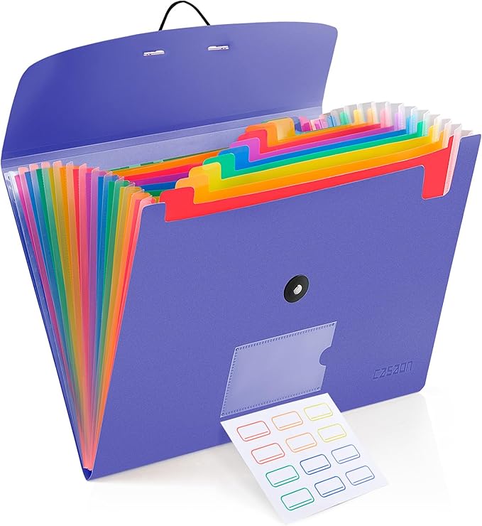 13 Pocket Expanding File Folder Accordian File Organizer, A4 Letter Size Paper Document Receipt Holder for School Office Supplies, Purple Blue