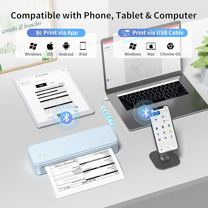 300DPI Portable Printer Wireless for Travel, Inkless Small Bluetooth Printers for Home Use, Compatible with Mobile Phone & Laptop, Support 8.5 x 11 Inch & A4 Thermal Printer Paper, Blue