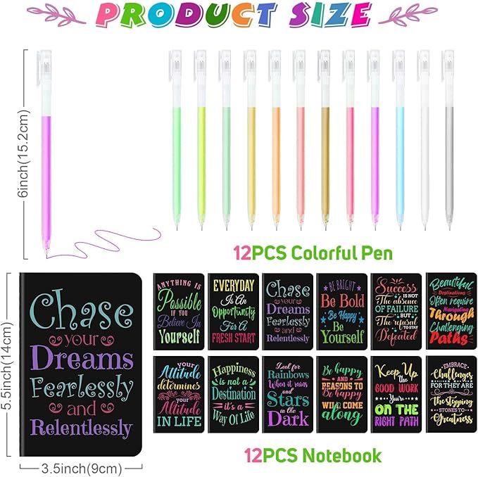 12 Pcs Mini Inspirational Notebooks Bulk with 12 Pcs Colorful Pens, Small Pocket Journal Notepads Set, Motivational Bulk Gifts for Women Men Teacher Student Kids, Fun School Office Supplies,3.5"x5.5"
