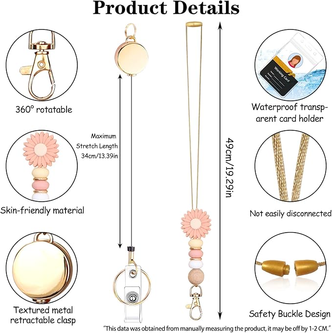 Colorful ID Badge Holder with Silicone Beads Lanyard Set,Cute Teacher Breakaway Lanyard for Keys & Keychain with Cute Retractable Badge Reel Holder,Gift for Women,Nurse, Teacher. (Pink Daisy)