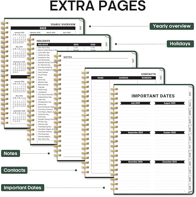 2025 Planner, Weekly and Monthly Planner Spiral Bound, Jan 2025 - Dec 2025, Hardcover 2025 Calendar Planner Book with Tabs, Inner Pocket, Perfect for Office Home School Supplies - A5 (6.3" x 8.5"), Green