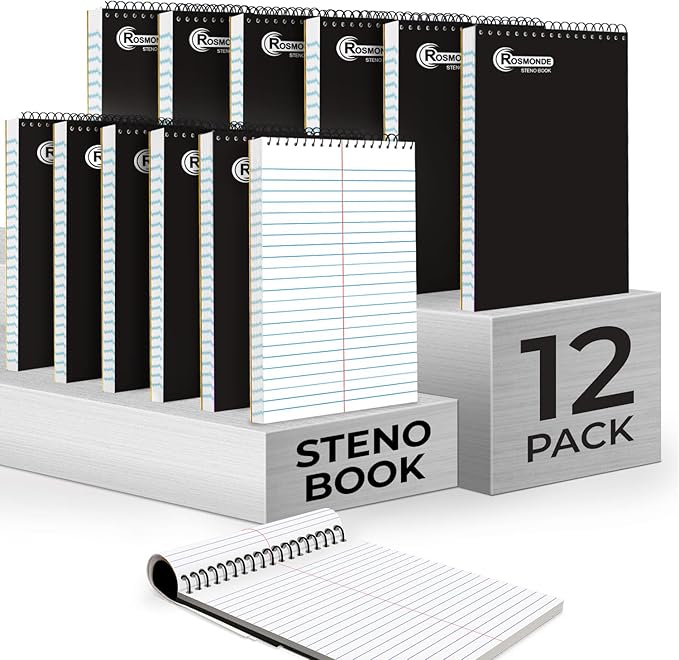 12 Pack Spiral Steno Pads, 6 x 9, Gregg Rule, Black Steno Pad, Long Lasting - 80 Sheets (160 Pages), Top Spiral Notebook, Bulk Steno Notebook for Business, Top Spiral Steno Book for Office