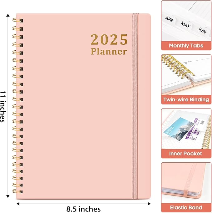 2025 Planner - Weekly and Monthly Planner Spiral Bound, January 2025 - December 2025, Hardcover 2025 Calendar Planner Book with Tabs, Inner Pocket, Perfect for Office Home School Supplies - A4 (8.5" x 11"), Pink