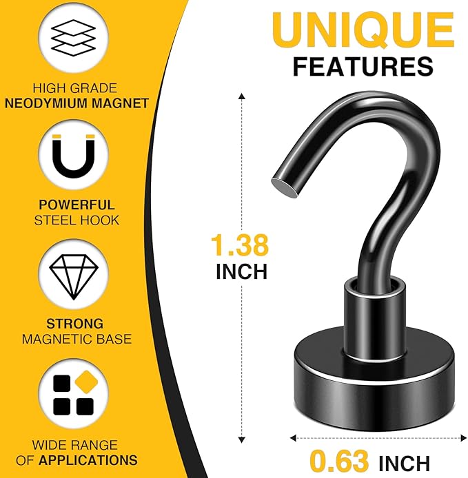 DIYMAG Magnetic Hooks for Refrigerator, Extra Strong Cruise Hook, 30Lbs Heavy Duty Earth Magnets with Hook for Hanging, Magnetic Hanger for Cabins, Grill (60P-Black)
