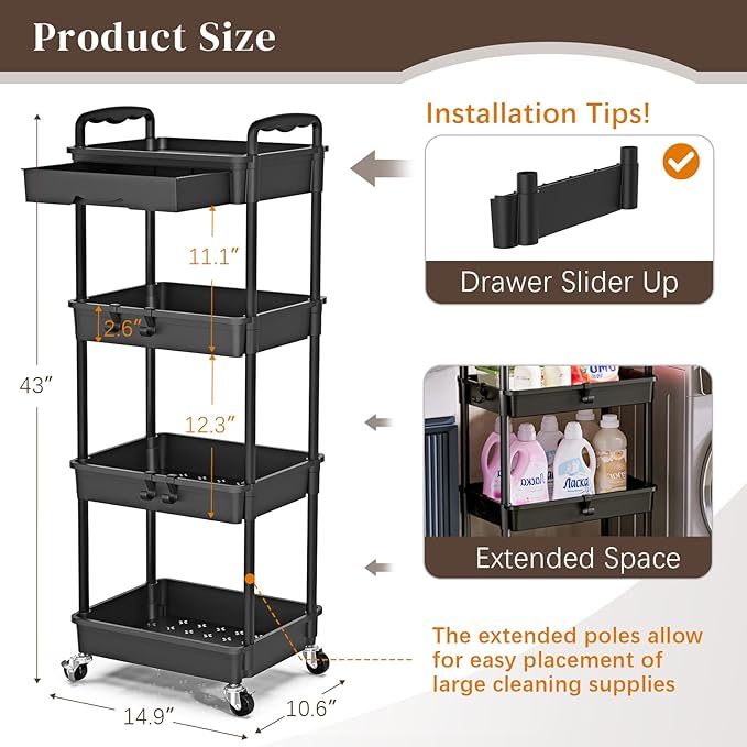 4 Tier Rolling Utility Cart with Drawer, Utility Storage Organizer with Plastic Shelf & Lockable Wheels Multifunctional Storage Cart for Kitchen, Bathroom, Office, Living Room, Black