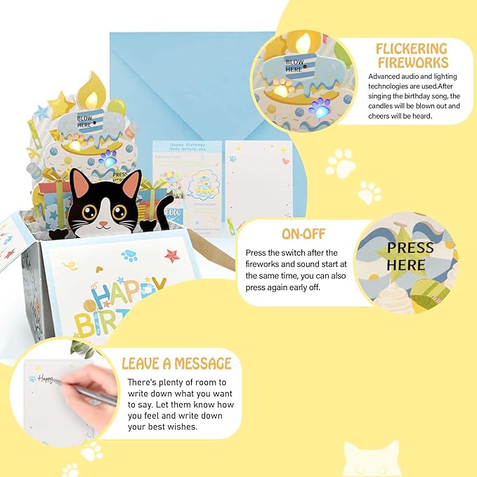 3D Pop Up Tuxedo Cat Birthday Card, Musical, 60g, For Father, Mother, Lover