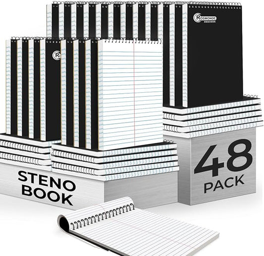 48 Pack Bulk Spiral Steno Pads, 6"x 9", Steno Notebook Gregg Rule, Black Covers, 80 Sheets (160 Pages), Top Spiral Notebook, Bulk Steno Notebooks for Notes in School, College, Office Notepad