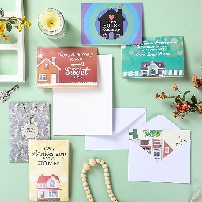 48 Pcs Happy Home Anniversary Cards with Envelopes Bulk Blank Welcome House Cards Real Estate Thank You Notes Housewarming Gifts for Clients Neighbors, 4 x 6 in(Stylish)