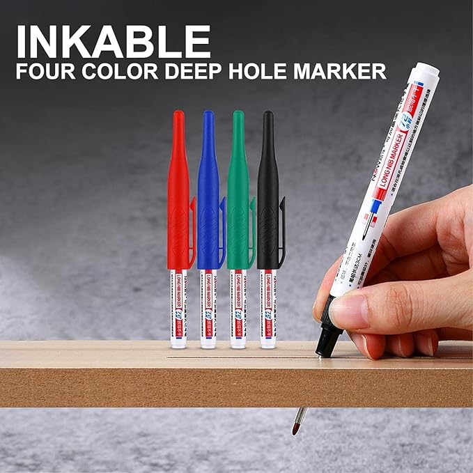 4 Pcs Multi Purpose Deep Hole Marker Pens,Long Nib Head Marker Waterproof Colorful Carpenter Pen for Bathroom Woodworking Decoration,Red Black Blue Green Ink Permanent Markers Marker Pens (Red)