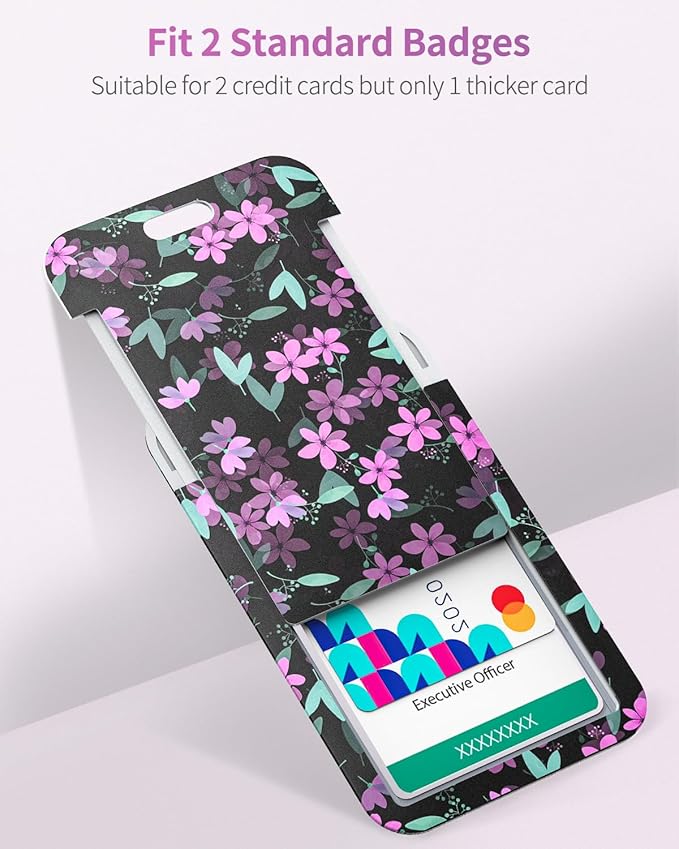 Uniclife Floral Sliding Badge Holder Purple Flower Plastic Case with Retractable Badge Reel Carabiner Clip & Detachable Lanyard Strap Fashionable Vertical Card Protector for Women Teacher Student