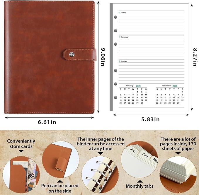 2025 Leather Planner A5 Leather 6 Ring Binder Planner Leather Binder Journal with Binder Pockets for Men and Women