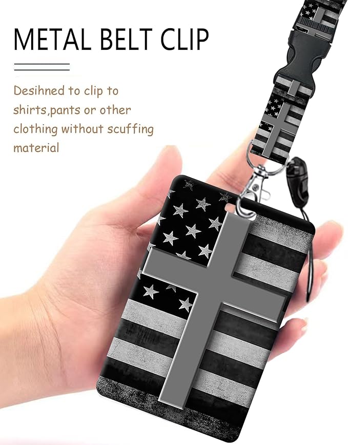 ID Badge Holder with Retractable Lanyard and Keychain, Badge Reel with Rotate Carabiner Clip,Black White American Flag Cross Card Name Tag Lanyard ID Protector Bage Clips for Student, Women, Office