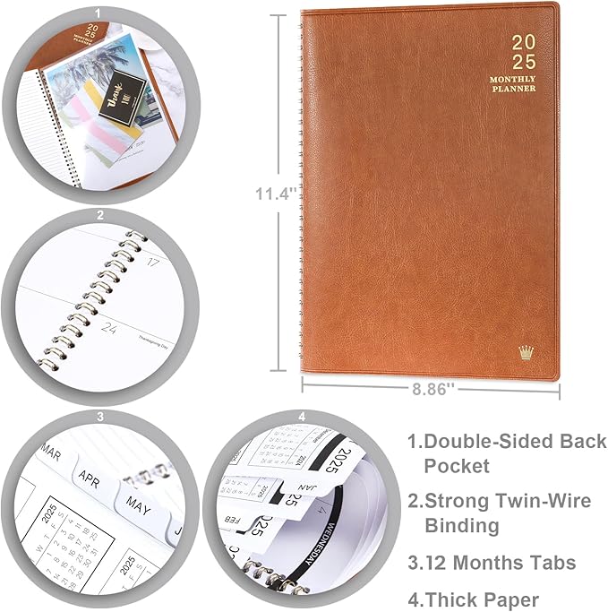 2025 Monthly Planner - 2025 Calendar/Planner 12 Months with Faux Leather, 8.86" x 11.4", Jan.2025 - Dec.2025, 15 Notes Pages, Strong Twin - Wire Binding, Pocket, Monthly Tabs, Perfect Organizer
