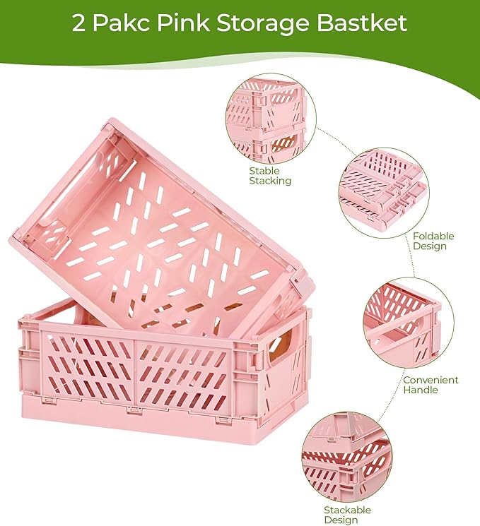 2-Pack Small Pastel Plastic Storage Baskets, Collapsible Crates for Organizing, Space-Saving Mini Bins for Classroom, Kitchen, Office, Bedroom (Pink, 9.8" x 6.5" x 3.8")