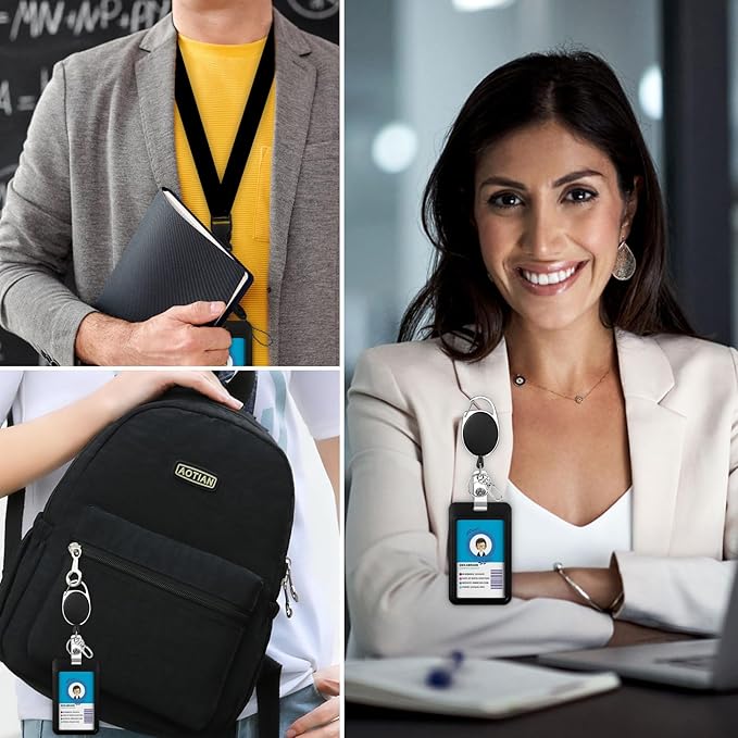 Giancomics Black Lanyards for Id Badges, ID Badge Holder with Lanyard, Badge Reel Retractable Heavy Duty, Lanyard with ID Holder Keychain Clip Name Tag ID Card Holder for Teacher Women Men Work Office